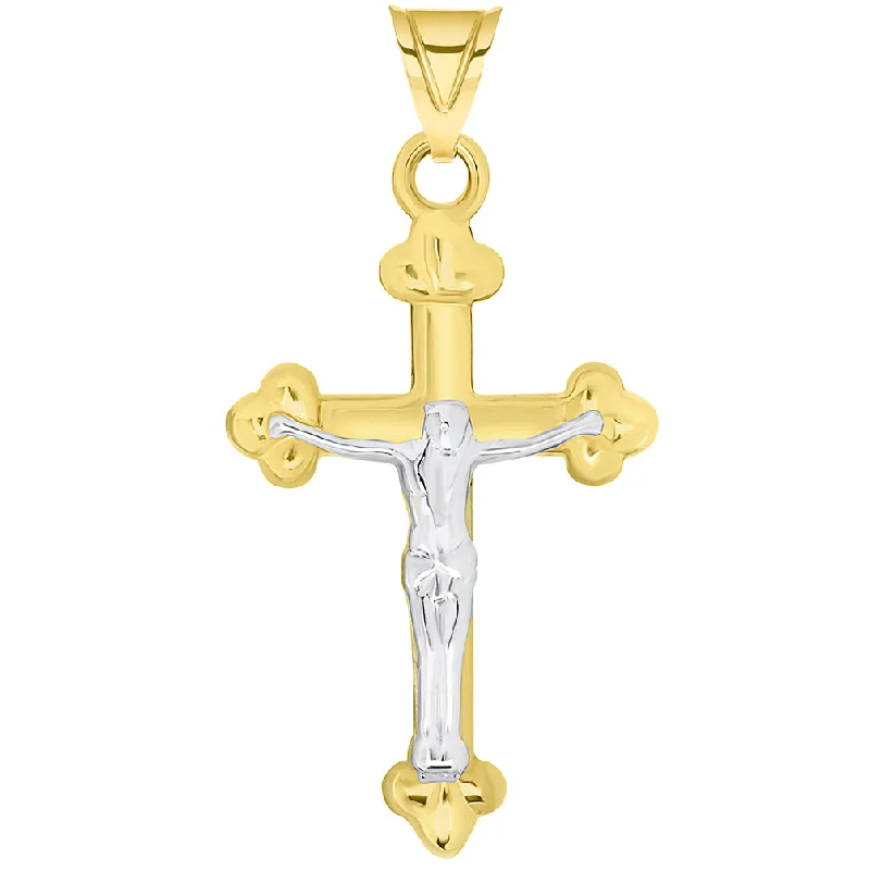 women star-shaped necklaces -14k Solid Yellow Gold Christian Trefoil Cross Two Tone Crucifix Pendant Necklace Available with Figaro Chain