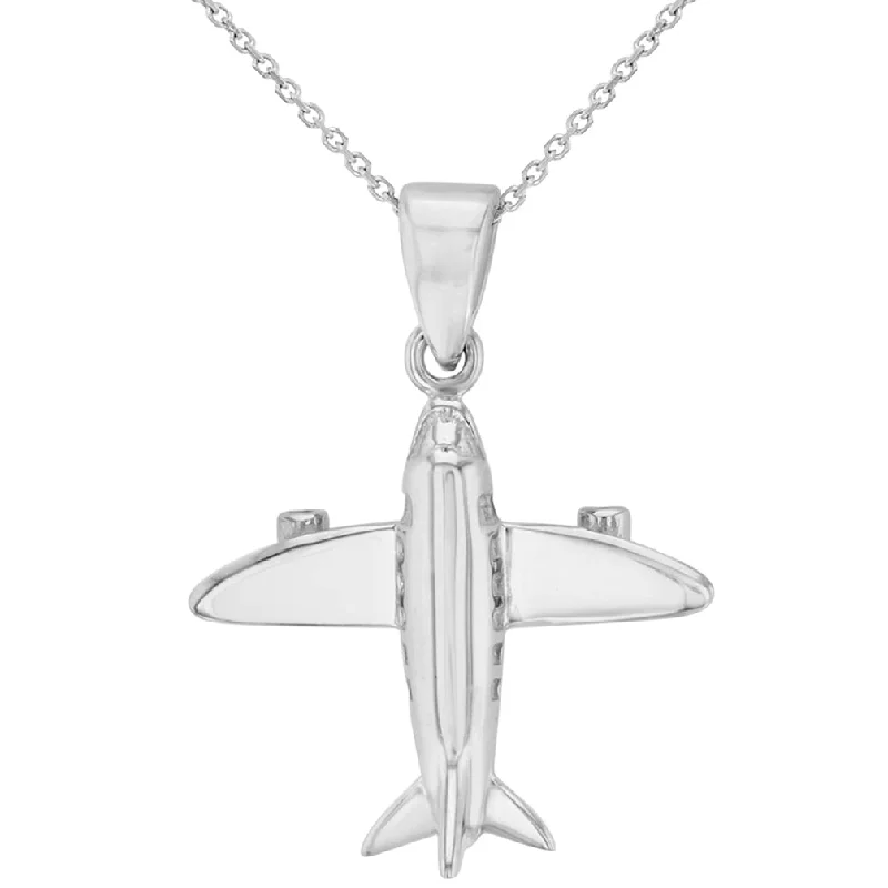 women elegant necklaces -Solid 14k White Gold 3D Airplane Charm Jet Aircraft Pendant Necklace