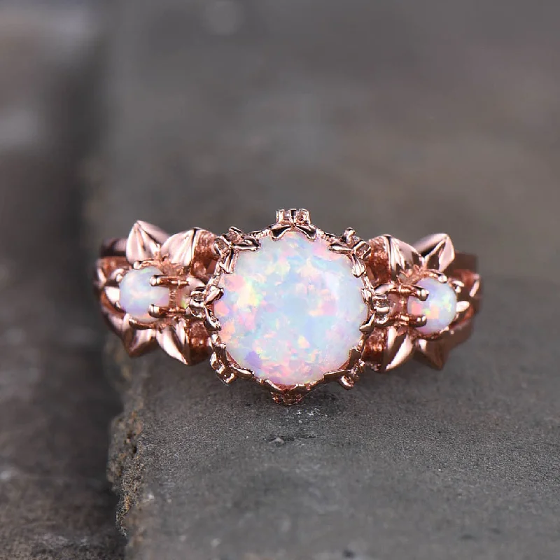 women diamond solitaire engagement rings -Unique Australian Opal Engagement Ring Three Stone Floral Bridal