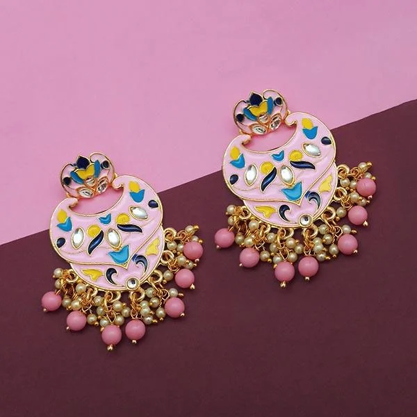 women floral earrings -Kriaa Pink Meenakari And Beads Kundan Dangler Earrings - 1314207C