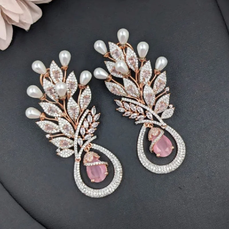 women vintage diamond earrings -Aamrapali Rose Gold Plated American Diamond And Pearl Dangler Earrings