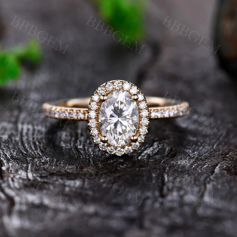 women solitaire engagement rings -Antique 1CT Oval Cut Moissanite Engagement Ring Moissanite Halo Yellow Gold