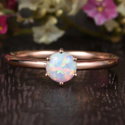 women double halo engagement rings -Opal Engagement Ring Lab Solitaire Rose Gold, 5mm Opal Birthstone 6 prongs Stacking Rings Colorful Minimalist Ring