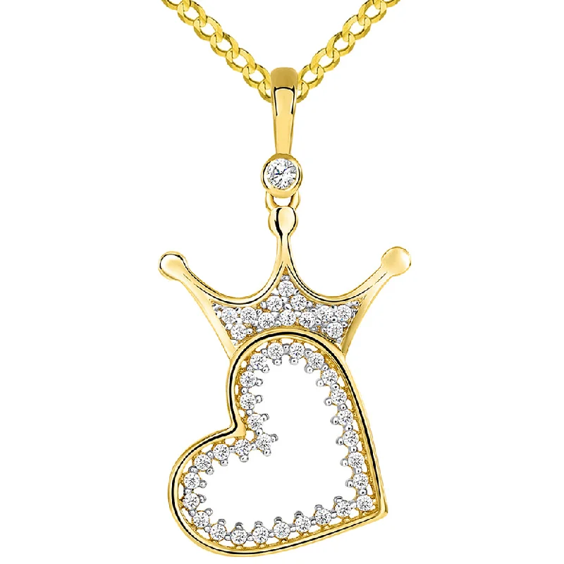 women rose gold pendant necklaces -14k Yellow Gold CZ Crowned Open Sideways Heart Pendant Cuban Necklace