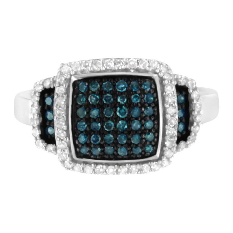 women birthstone rings for engagement -Black Rhodium Plated .925 Sterling Silver 1/2 Cttw White & Blue Diamond Square Halo Cocktail Ring