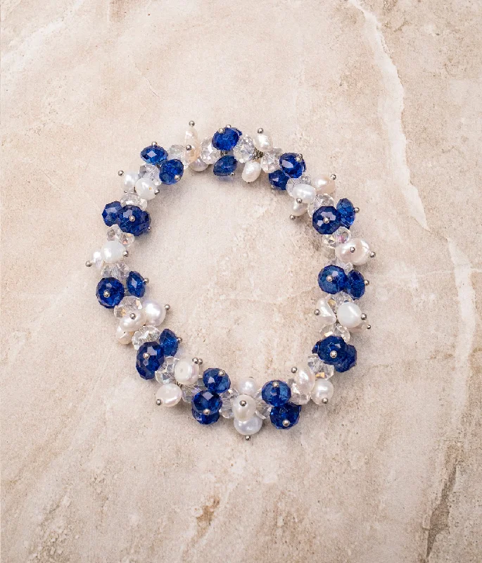 women adjustable bangle sets -Pearl & Blue Crystal Bracelet