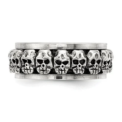 women unique wedding bands -Sterling Silver Polished Spinning Center Antiqued Skull Ring