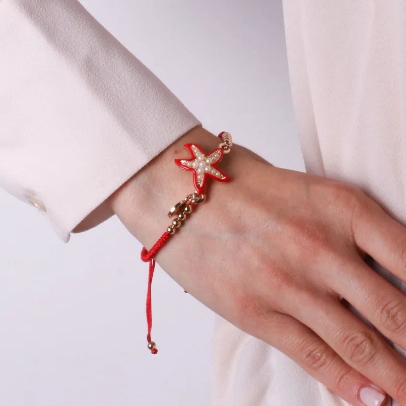 women floral bracelets -Bracelet with Red Cord and Starfish Spheres