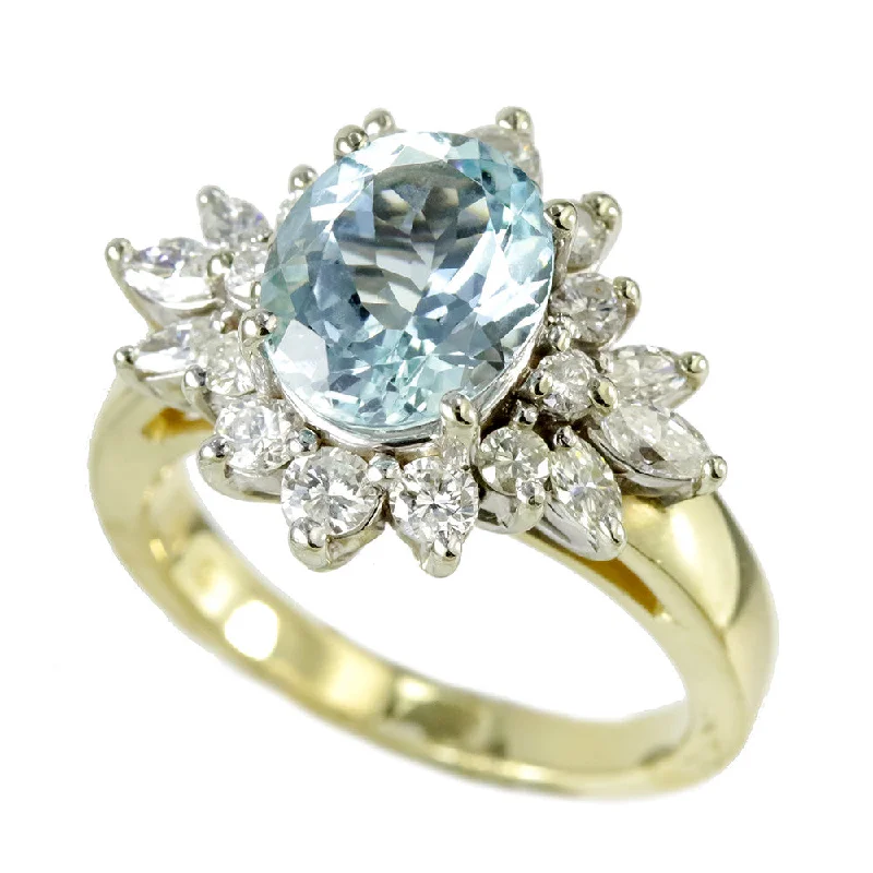 women silver rings -14k Yellow Gold Aquamarine & Diamond Ring