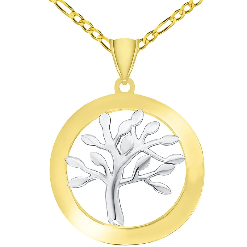 women monogram necklaces -14k Yellow Gold Dome-Style Two-Tone Tree of Life Medallion Pendant Necklace with Figaro Chain