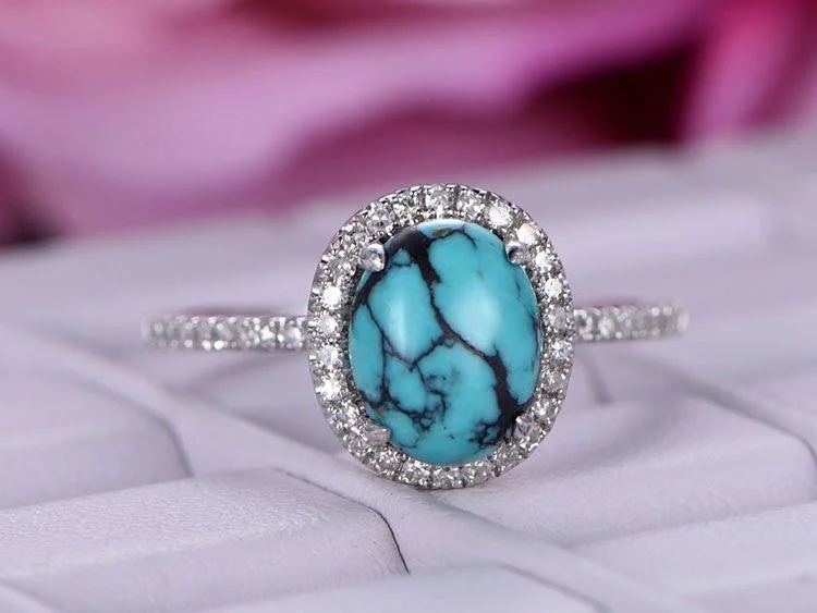 women halo engagement ring sets -Diamond Halo Oval Turquoise Ring White Gold December Birthstone Jewelry