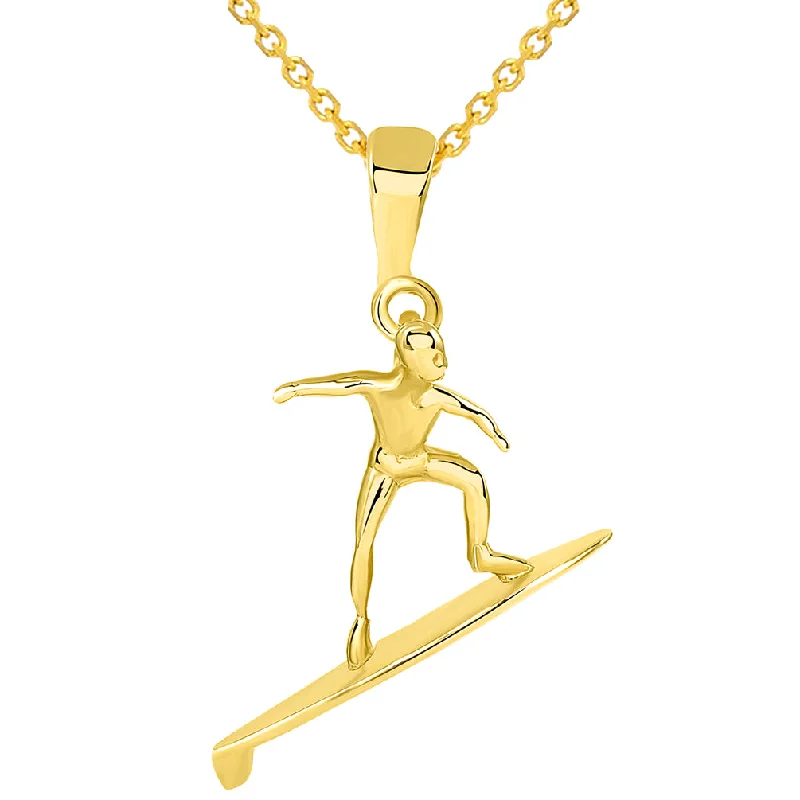 women designer necklaces -Solid 14k Yellow Gold Surfer Surfing on Surfboard Pendant Necklace