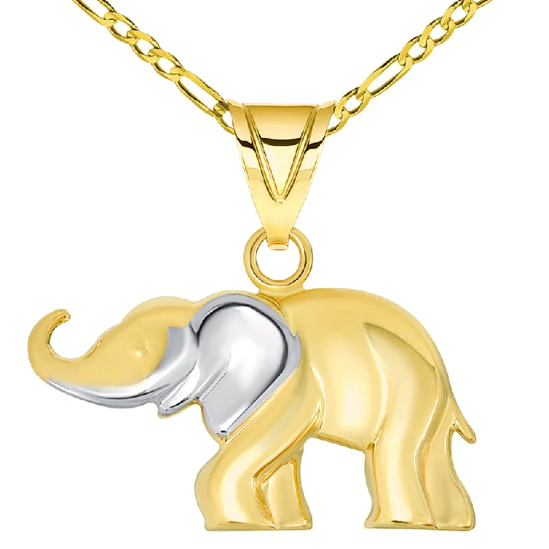 women crystal pendant necklaces -14k Yellow Gold High Polished Two Tone Elephant Pendant Necklace with Figaro Chain