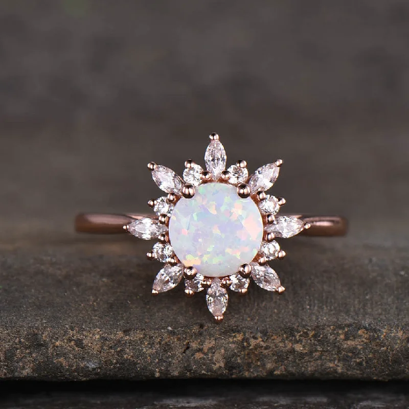 women engraved wedding bands -14K/18K Floral Opal And Moissanite Diamonds Engagement Ring Unique