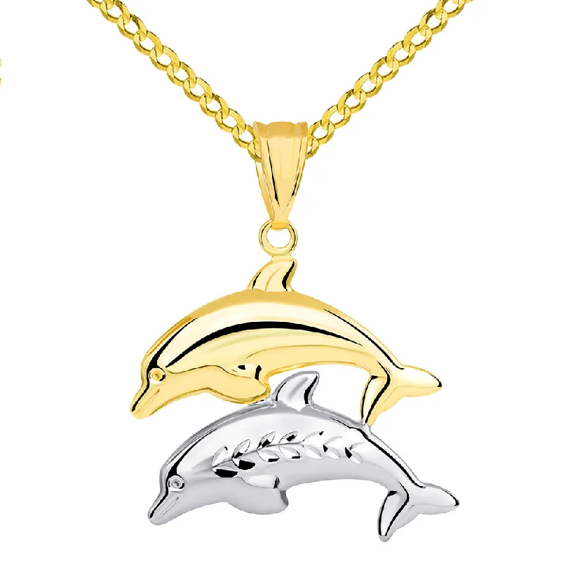 women round pendant necklaces -14k Yellow Gold and White Gold Two Tone 3D Dolphins Jumping Pendant Cuban Necklace