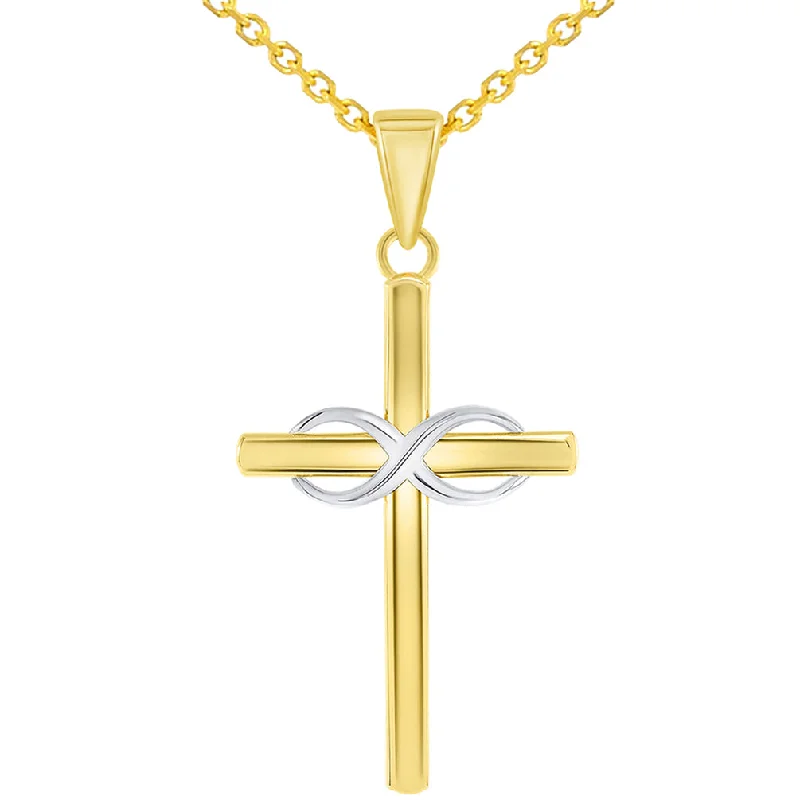 women statement necklaces -14k Two-Tone Gold Religious Plain Cross and Infinity Eternity Symbol Pendant Rolo Cable Necklace