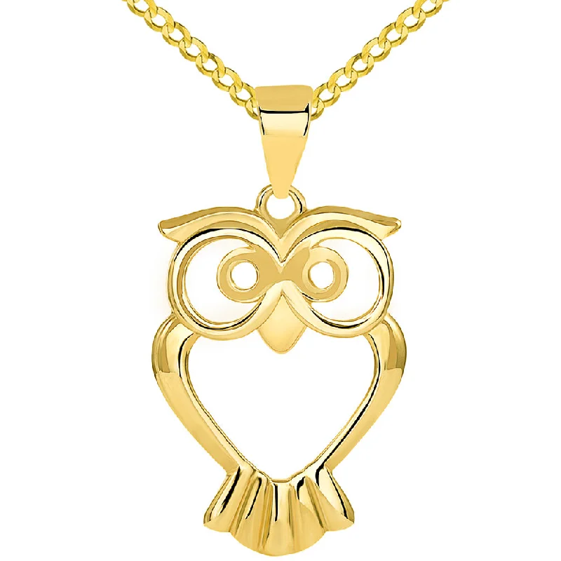 women gold necklaces -Solid 14K Yellow Gold Open Big Eyes Owl Animal Pendant with Cuban Chain Necklace