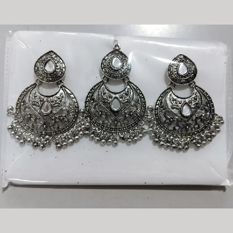 women colorful earrings -Darshan Jewellers Oxidized Plated Pack Of 12 Dangler Earrings With Maang Tikka