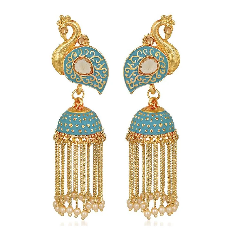 women drop earrings -Mahi Blue Meenakari work Peacock Shaped Tassel Chain Jhumki Earrings with Artificial Pearl for Women (ER1109745GBlu)