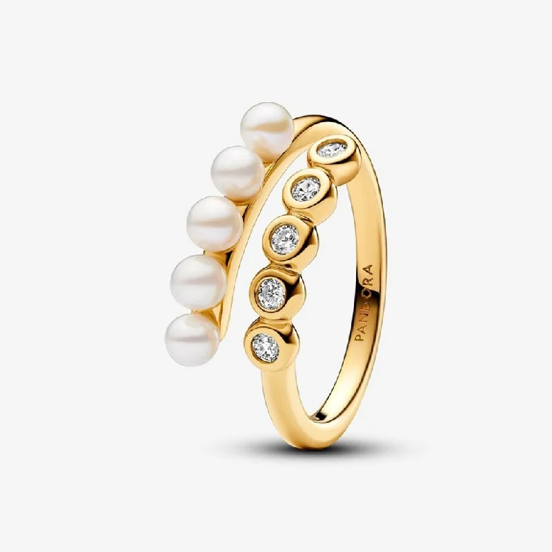 women modern rings -PANDORA : Treated Freshwater Cultured Pearls & Stones Open Ring - Gold