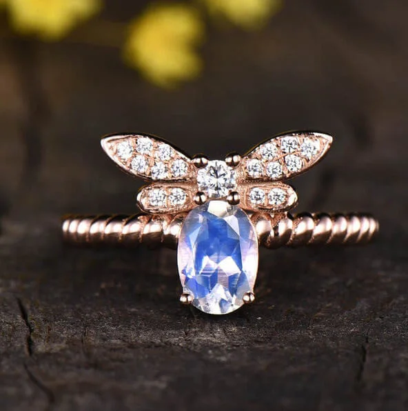 women princess cut solitaire engagement rings -14K/18K Rose Gold Rainbow Moonstone Butterfly Engagement Ring Unique