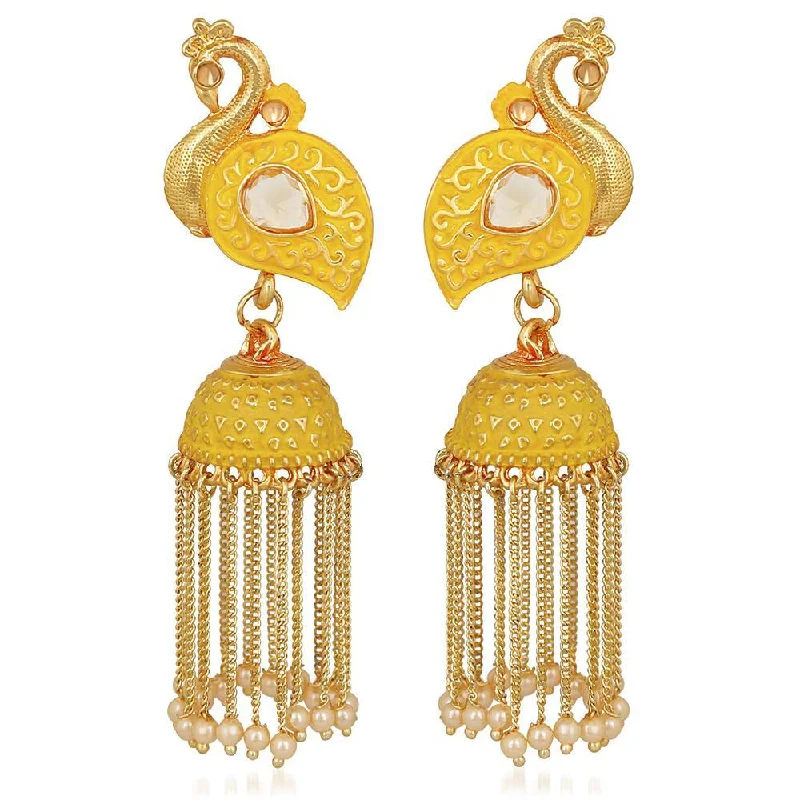 women textured earrings -Mahi Yellow Meenakari work Peacock Shaped Tassel Chain Jhumki Earrings with Artificial Pearl for Women (ER1109744GYel)