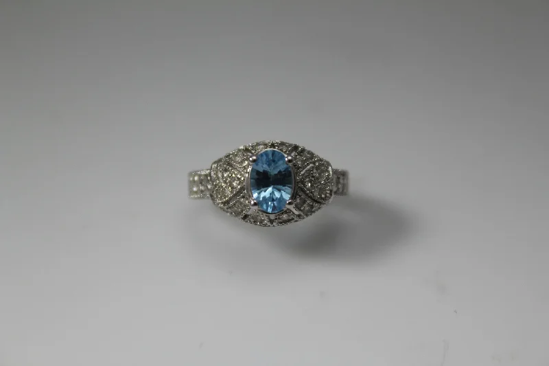 women custom engraved rings -14K White Gold Cluster Diamonds and Blue Topaz Ring