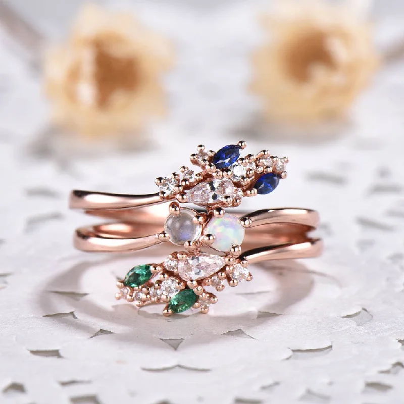 women gold engagement rings -Unique Curved Opal Sapphire Moostone Emerald Diamond Engagement Ring Rose Gold 2pcs