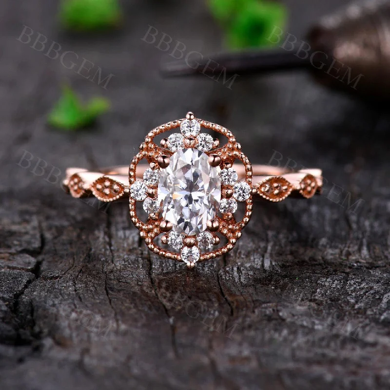 women rose gold engagement rings -Art Deco Oval Cut Moissanite Engagement Ring 1.0 Carat Moissanite in Rose Gold