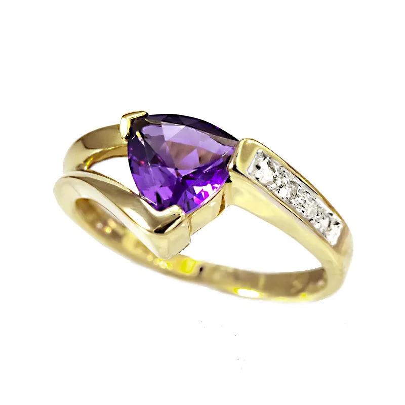 women classic rings -14k yellow gold trillion cut amethyst and diamond ring