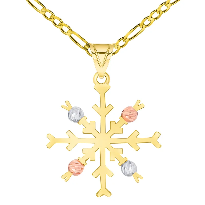 women gold chain necklaces -Solid 14k Tri-Color Gold High Polish Snowflake with Textured Beads Pendant Available with Figaro Chain