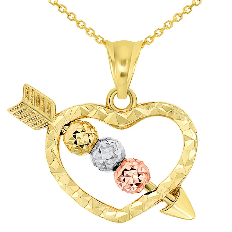 women bridal necklaces -14k Tri-Color Gold Beaded Cupid's Love Arrow Through Textured Small Heart Pendant Necklace with Cable Chain