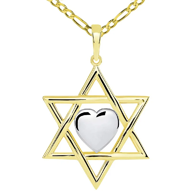 women emerald necklaces -14k Yellow Gold Jewish Love Star of David with Heart Pendant with Figaro Necklace