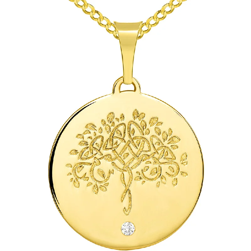 women spiral necklaces -14k Solid Yellow Gold Hand Engraved Tree of Life CZ Round Medallion Pendant with Cuban Chain Necklace