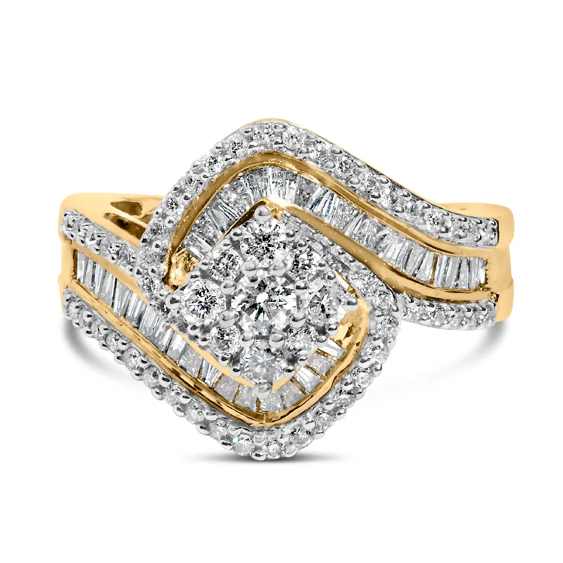 women luxury diamond engagement rings -14K Yellow Gold 1.0 Cttw Baguette & Brilliant-Cut Diamond Round Floral Cluster Engagement or Fashion Ring with Swirl Wrapped Triple Row Band