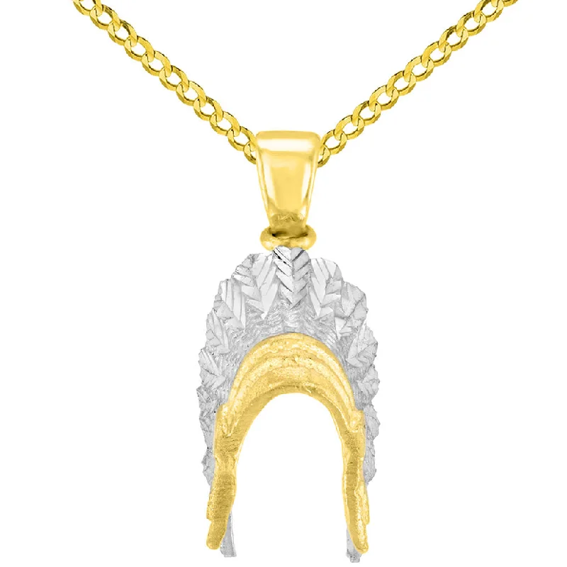 women heart necklaces -Solid 14K Yellow Gold War Bonnets Charm Native American Pendant with Cuban Chain Necklace