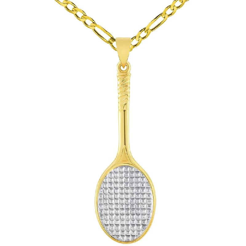 women unique necklaces -Solid 14k Yellow Gold Classic Tennis Racket Sports Pendant with Figaro Chain Necklace