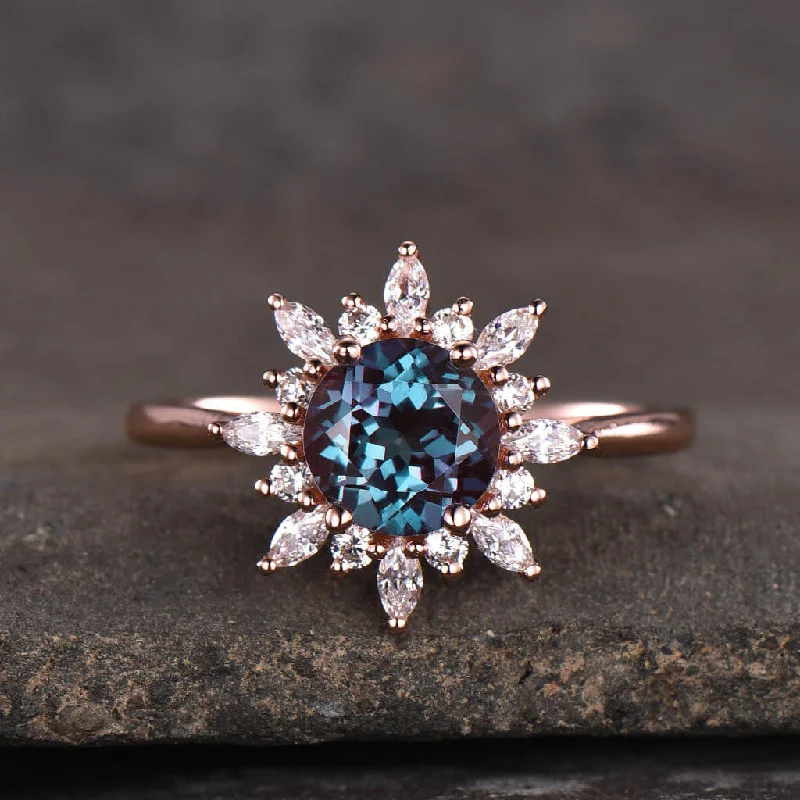 women affordable diamond engagement rings -14K/18K Floral Color Changed  Alexandrite Moissanite/Diamonds Engagement Ring Unique