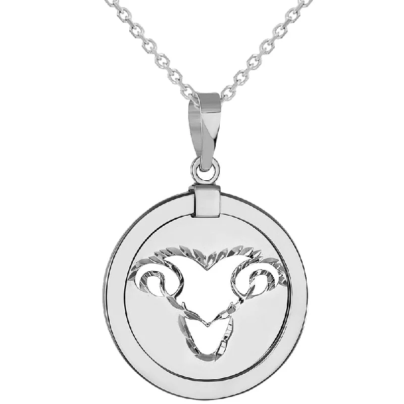 women gemstone drop pendant necklaces -14k White Gold Round Aries Ram Zodiac Sign Animal Medallion Pendant Necklace (Reversible)