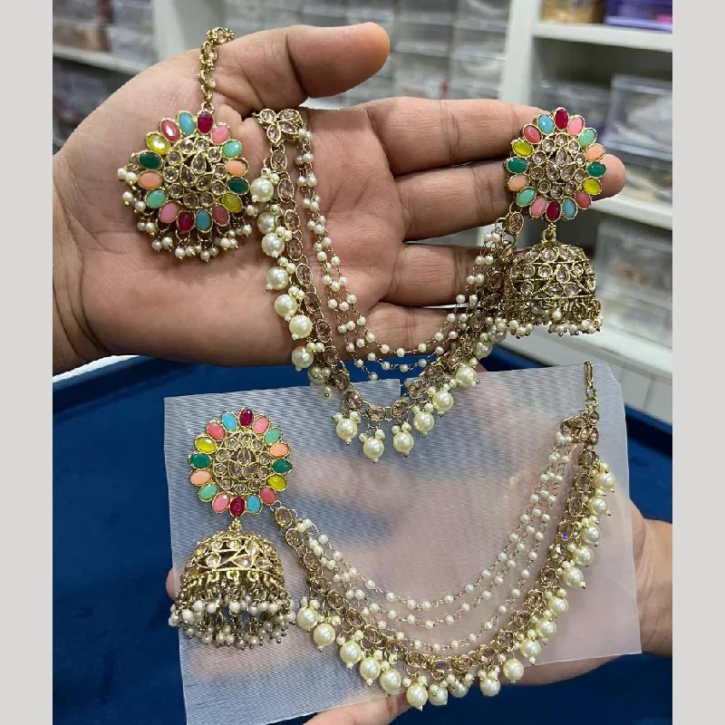 women chain earrings -Hira Collections Gold Plated Crystal Stone & Beads Jhumkis Earrings With Maang tikka