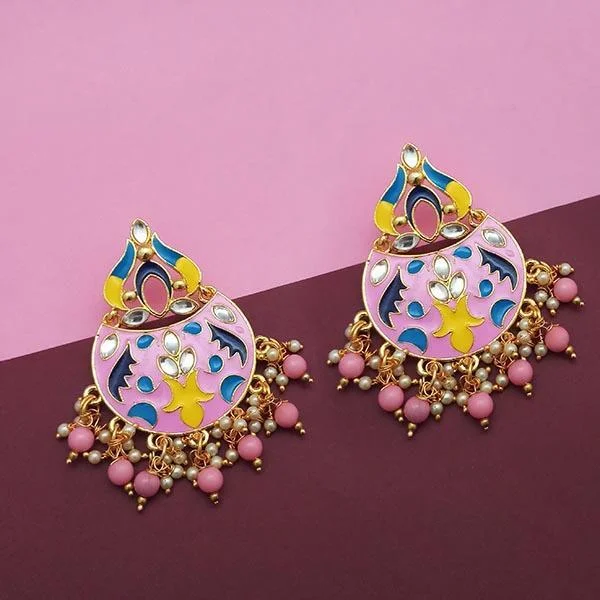 women large hoop earrings -Kriaa Pink Meenakari And Beads Kundan Dangler Earrings - 1314215C