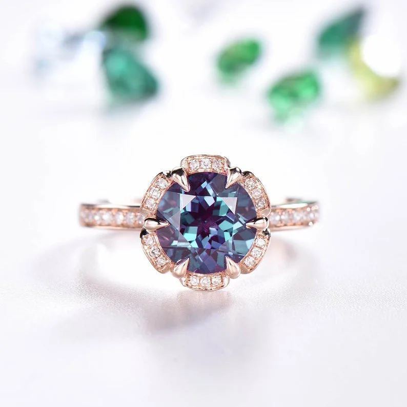 women emerald cut engagement rings -Vintage Alexandrite Engagement Ring Art Deco Flower Halo