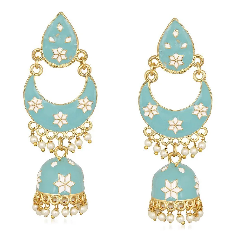 women long earrings -Mahi Traditional Ethnic Blue Meenakari work Dangler Chandbali Jhumki Earrings with Artificial Pearl for Women (ER1109728GLBlu)