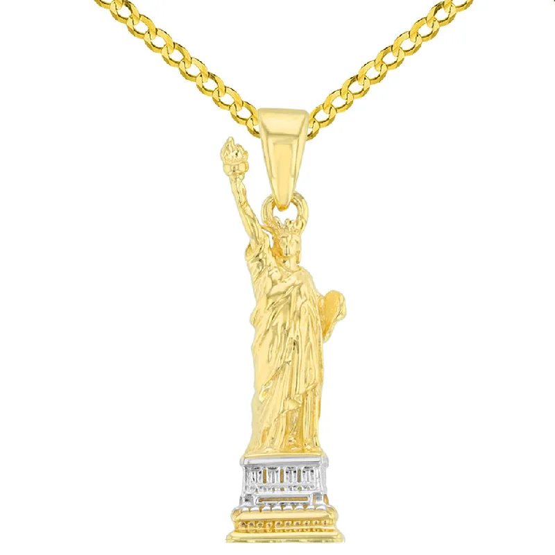 women gold plated necklaces -Solid 14K Yellow Gold Statue of Liberty Charm Pendant with Cuban Chain Necklace