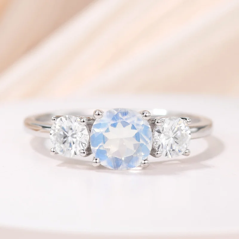 women white sapphire engagement rings -14K/18K Gold Moonstone And Moissanite Engagement Ring Three Stone