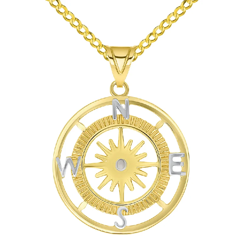 women statement gold necklaces -14k Yellow Gold Two Tone 16-Wind Point Compass Rose Pendant Necklace Available with Curb Chain Necklaces