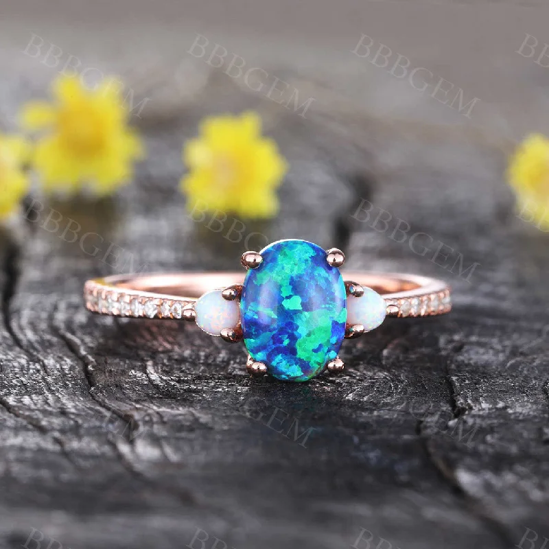 women rose gold engagement rings -Black Opal Engagement Ring Diamond Wedding Ring 6x8mm Oval Birthstone Ring