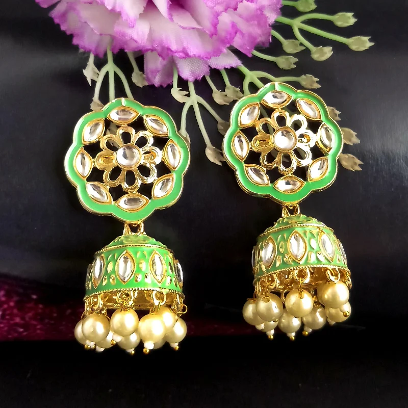 women clip-on earrings -PARSHWAM Light Green Glossy Meenakari Pearl Drop Jhumki