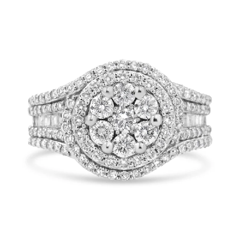 women luxury diamond engagement rings -14K White Gold 1 1/2 Cttw Diamond Floral Cluster and Studded Shank Halo Ring