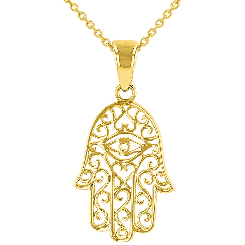 women minimalist pendant necklaces -Solid 14K Yellow Gold Filigree Hamsa Hand of Fatima with Evil Eye Pendant Necklace